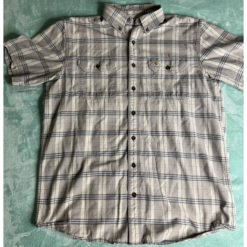 Carhartt Men’s Plaid Short Sleeve Button Down Shirt Original Fit Gray Wht Sz L